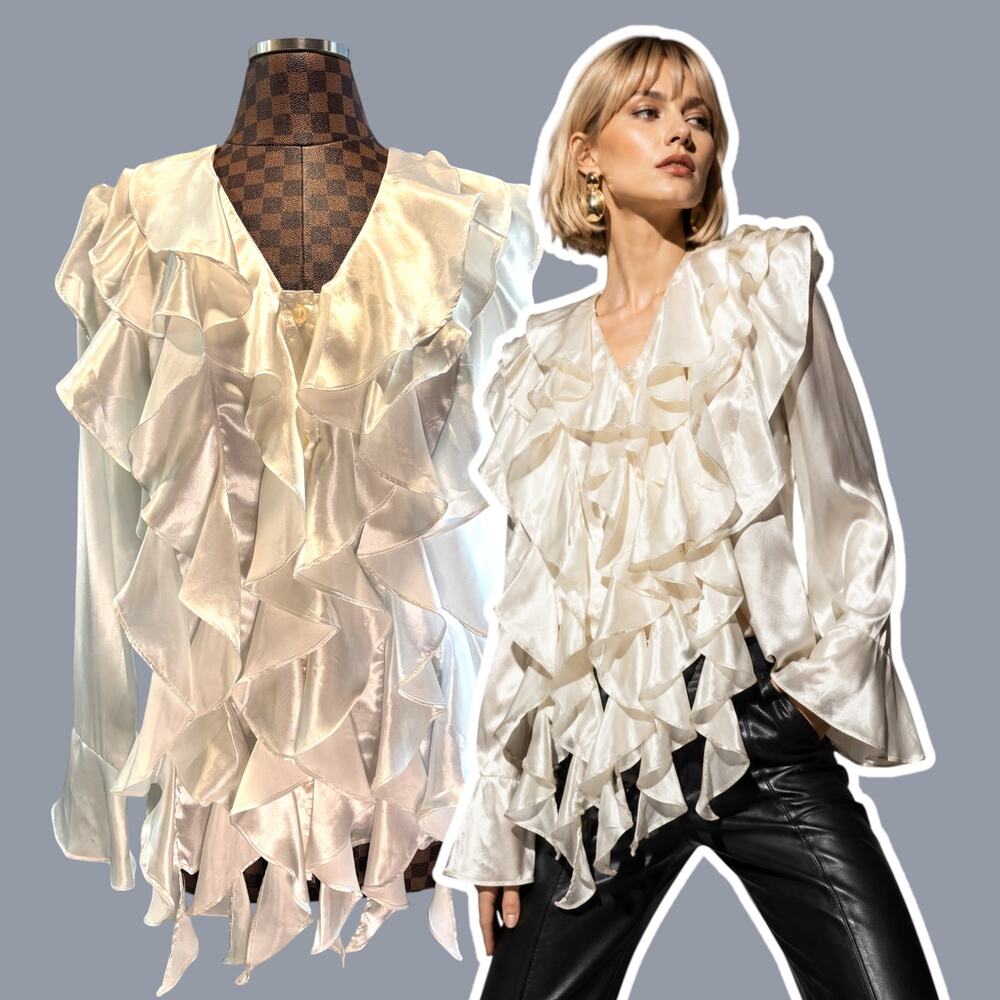 Ashro White Satin Poets Blouse Size 14 Ruffled Romantic Pirate Vampire Glam Y2K